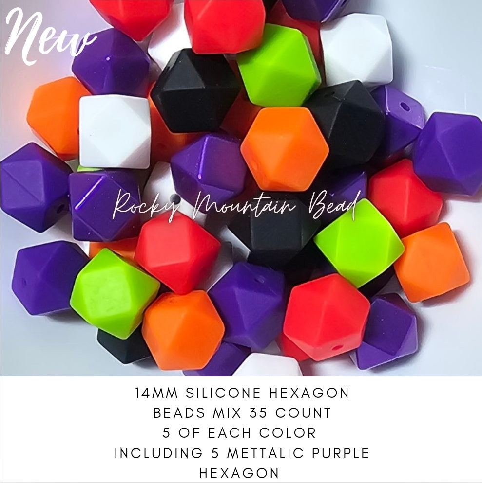 New 14 mm hexagon Halloween tones silicone  bead mix