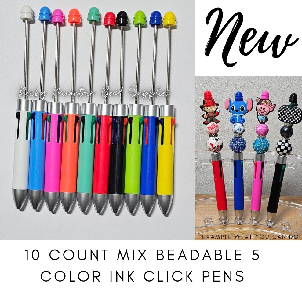 New 10 count click pens 5 ink colors plastic beadable pens