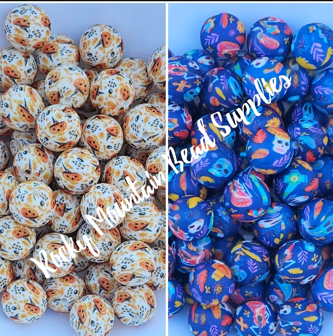 1 count New 15mm printed pumpkins flower skulls silicone bead
