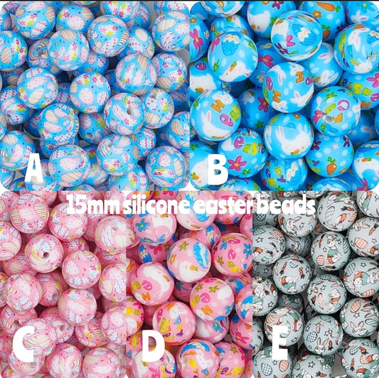 New 15mm printed easter silicone bead 5 count