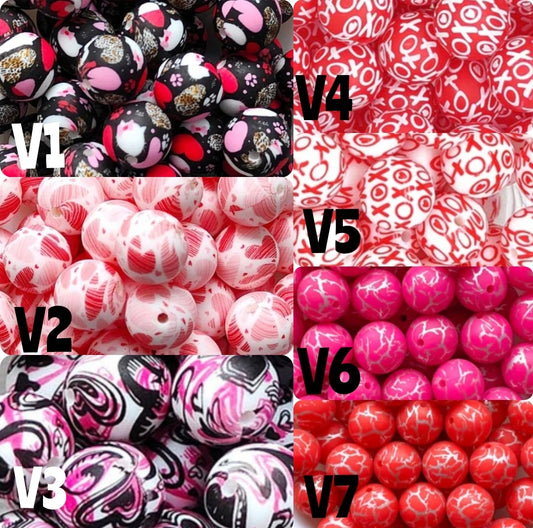 Valentines day 15 mm printed beads 5 count silicone