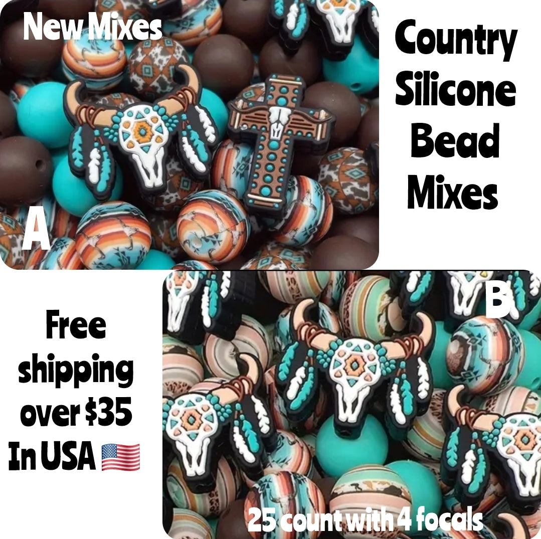 New 2025  country 15mm silicone mix 25 count includes 4 focal beads