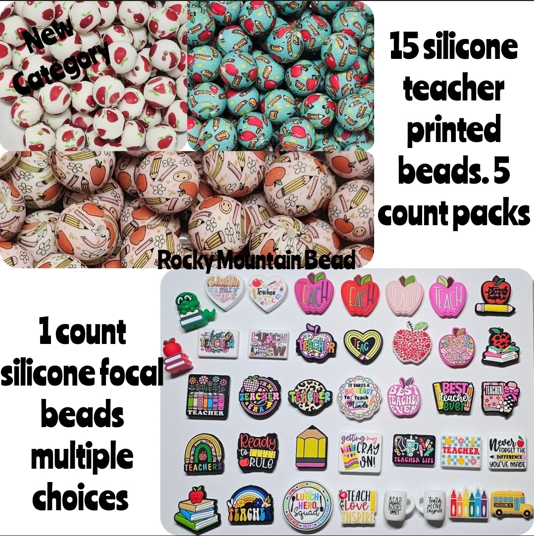 New teacher themed options focals 15mm printed beads.  Pure silicone BPA FREE high quality 👌