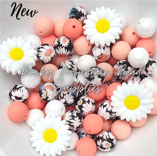 White daisy  silicone bead mix