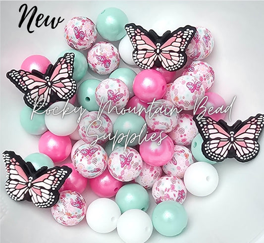 Pink- Mint butterfly silicone bead mix