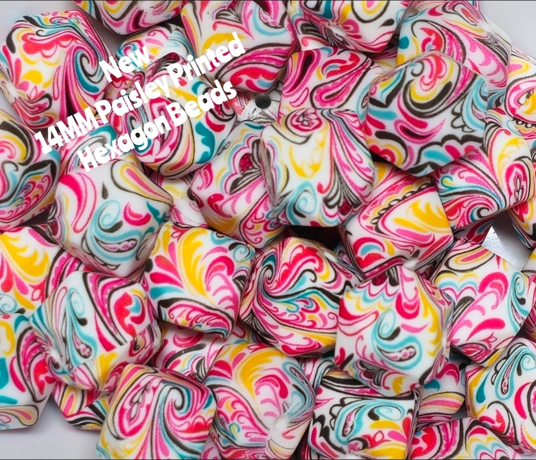 1 Count DIY Beads 14MM Printed Hexagon Paisley Theme