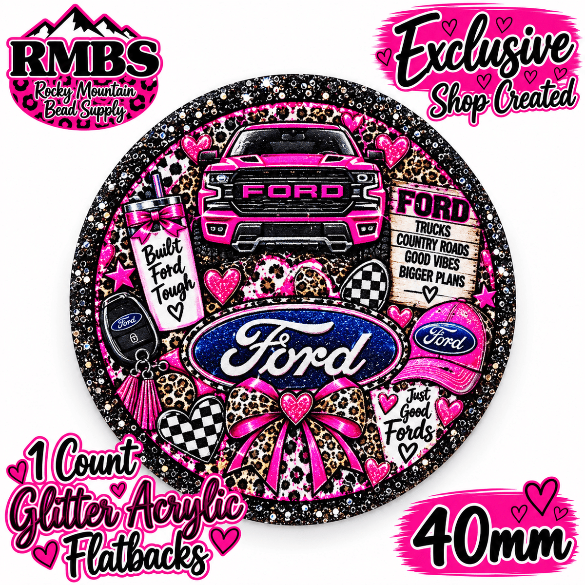 Exclusive 1 Count Custom Exclusive Glitter Acrylic Flatback 40mm FORD PINK