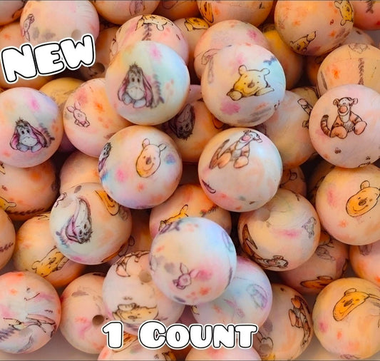 New 1 Count DIY Silicone Beads 15mm printed Vintage Dainty Pooh & Friends
