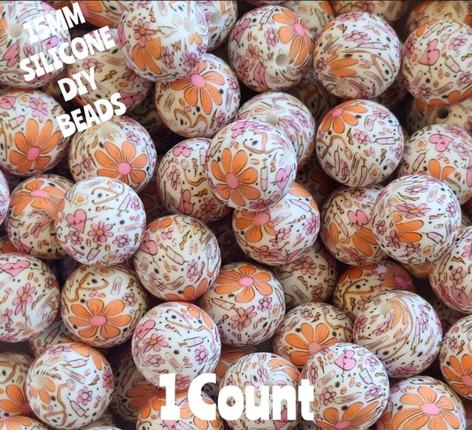New 1 Count 15mm printed Medical Flowers Fall silicone bead
