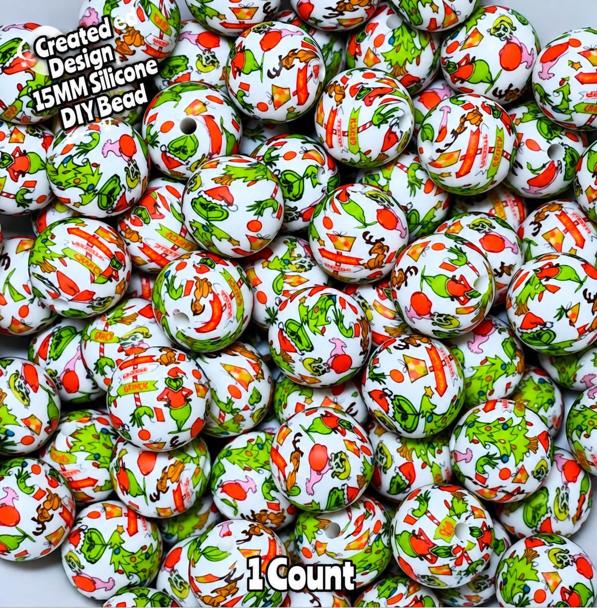 New 1 Count DIY Silicone Beads 15mm printed Grinch Beads Beadable Accessories