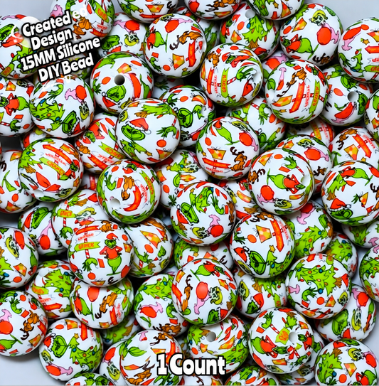 New 1 Count DIY Silicone Beads 15mm printed Grinch Beads Beadable Accessories