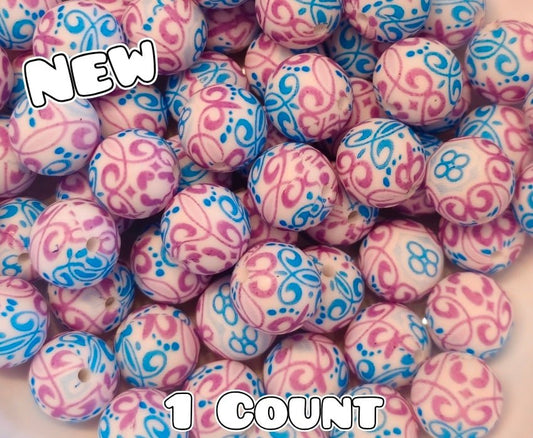 New 1 Count DIY Silicone Beads 15mm printed Purple Blue Design