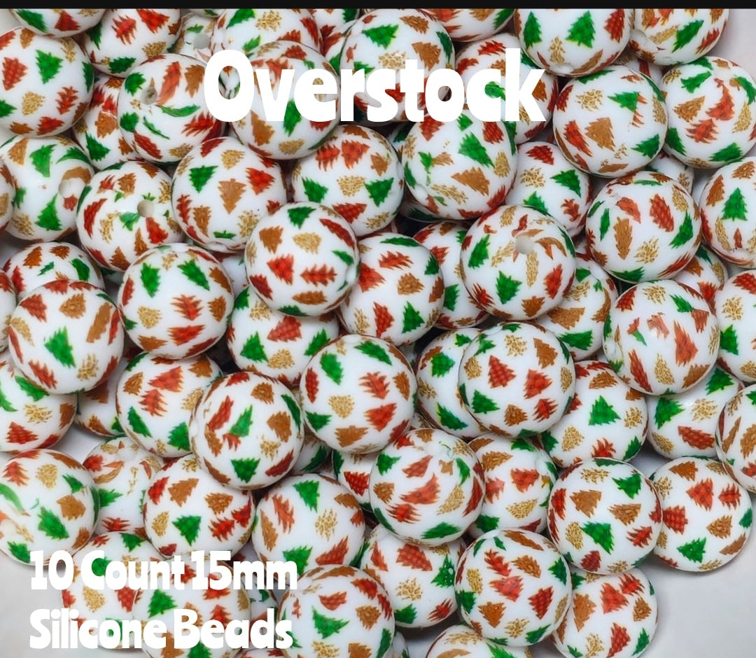 10 Count DIY 15MM Silicone Printed Beads Bead Supplies Plaid Christmas Trees Makes them around .20 cents each