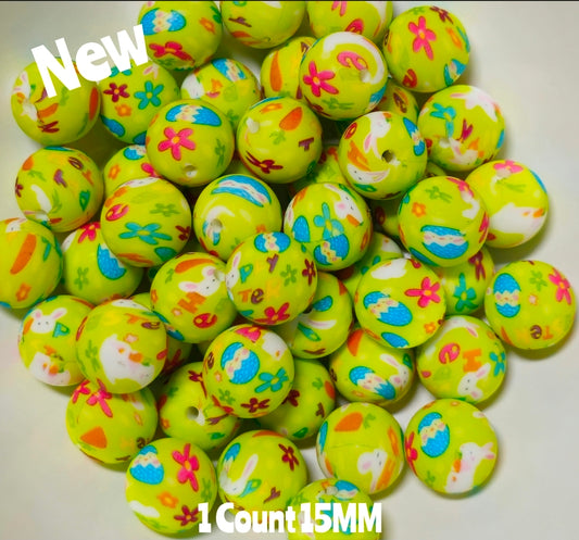 New 1 Count 15mm printed Easter Silicone Beads