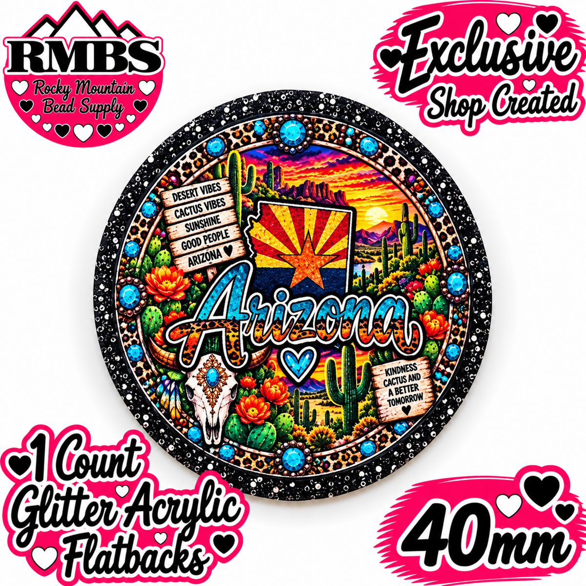Exclusive 1 Count Custom Exclusive Glitter Acrylic Flatback 40mm STATE ARIZONA