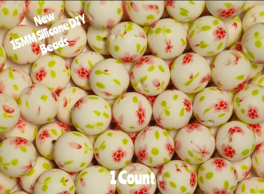 New 1 Count DIY Silicone Beads 15mm printed flowers beadable accessories