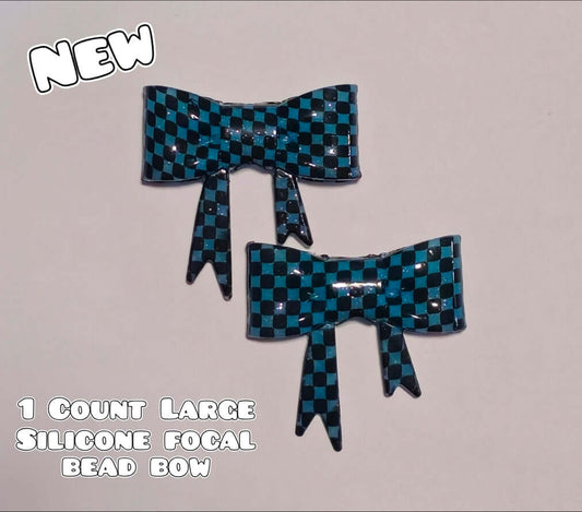 1 Count Large Silicone Printed Bow Focal Beads. Bow beadable accessories. Shimmer Glossy Finish Teal Checkered