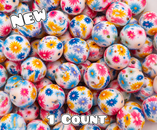 New 1 Count DIY Silicone Beads 15mm printed Soft Multi Flowers
