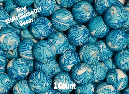 New 1 Count DIY Silicone Beads 15mm printed teal swirls beadable accessories