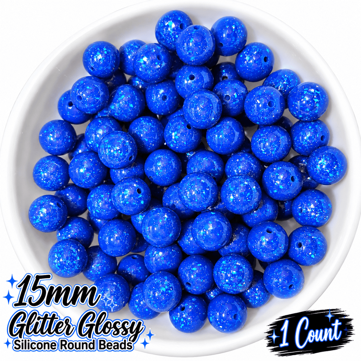 NEW Glitter 15mm DIY Silicone Beads Glossy Shiny Solids 1 Count BLUE SAPPHIRE