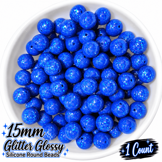 NEW Glitter 15mm DIY Silicone Beads Glossy Shiny Solids 1 Count BLUE SAPPHIRE