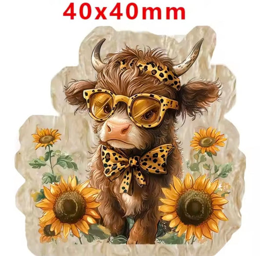 Glitter Acrylic Flatback- Acrylic Planer Resin Charm Sunflower Cow