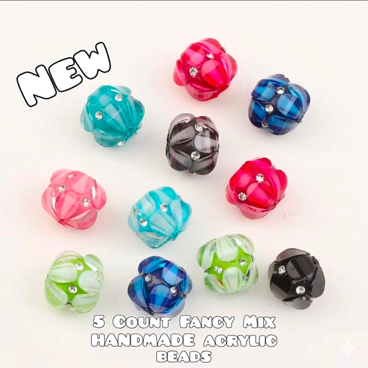 5 Count Acrylic Fancy 18mm Beads. Handmade Mix Of Colors