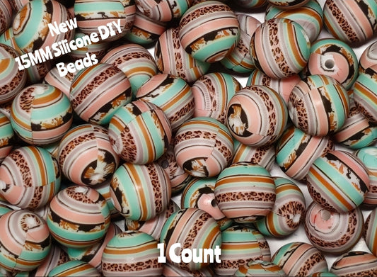 New 1 Count DIY Silicone Beads 15mm printed country cheetah swirl blues beadable accessories