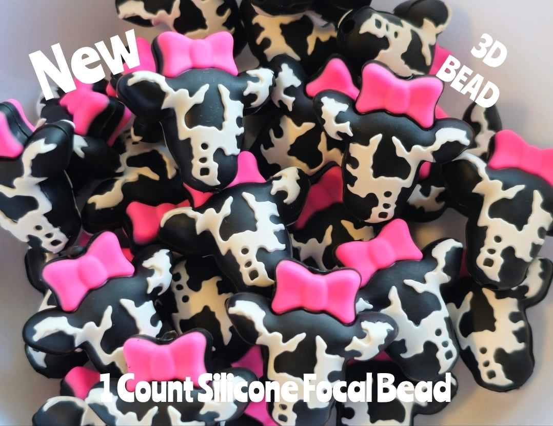 New 3D Silicone Cow With Bow Focal Beads 1 Count DIY Bead Supplies
