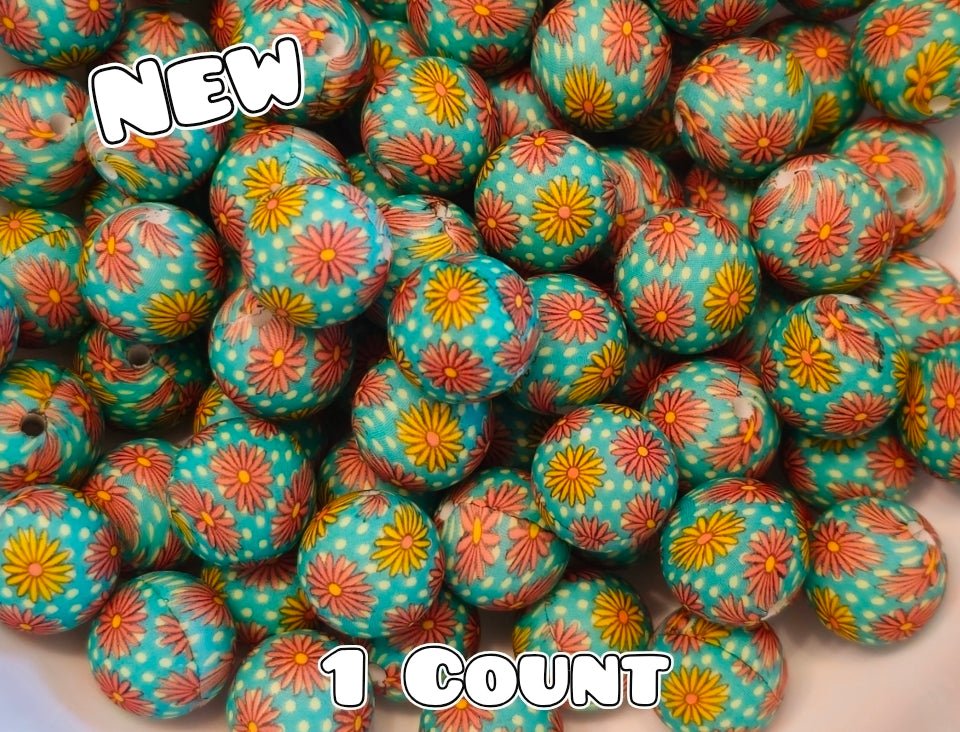 New 1 Count DIY Silicone Beads 15mm printed Mint Polka Dot  Flowers