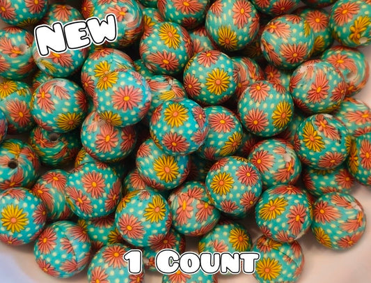 New 1 Count DIY Silicone Beads 15mm printed Mint Polka Dot  Flowers