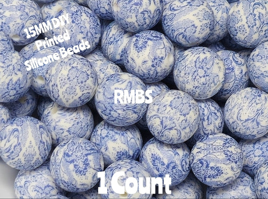 New 1 Count 15mm Printed Beads Dainty Blue Floral Elegant DIY beads Craft Supplies