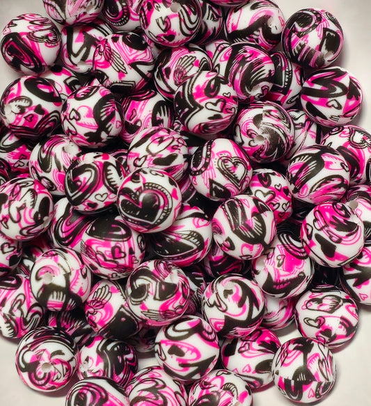New 1 Count 15mm printed hearts Silicone Beads