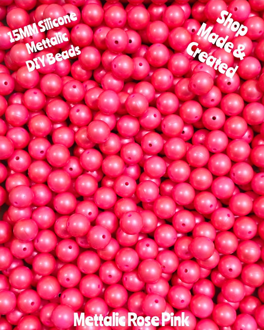 1 Count Mettalic 15mm Silicone Rounds DIY Beads Rose Pink