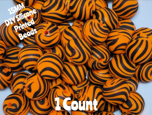 New 1 Count 15mm Printed Beads Orange Black Tiger Striped DIY beads
