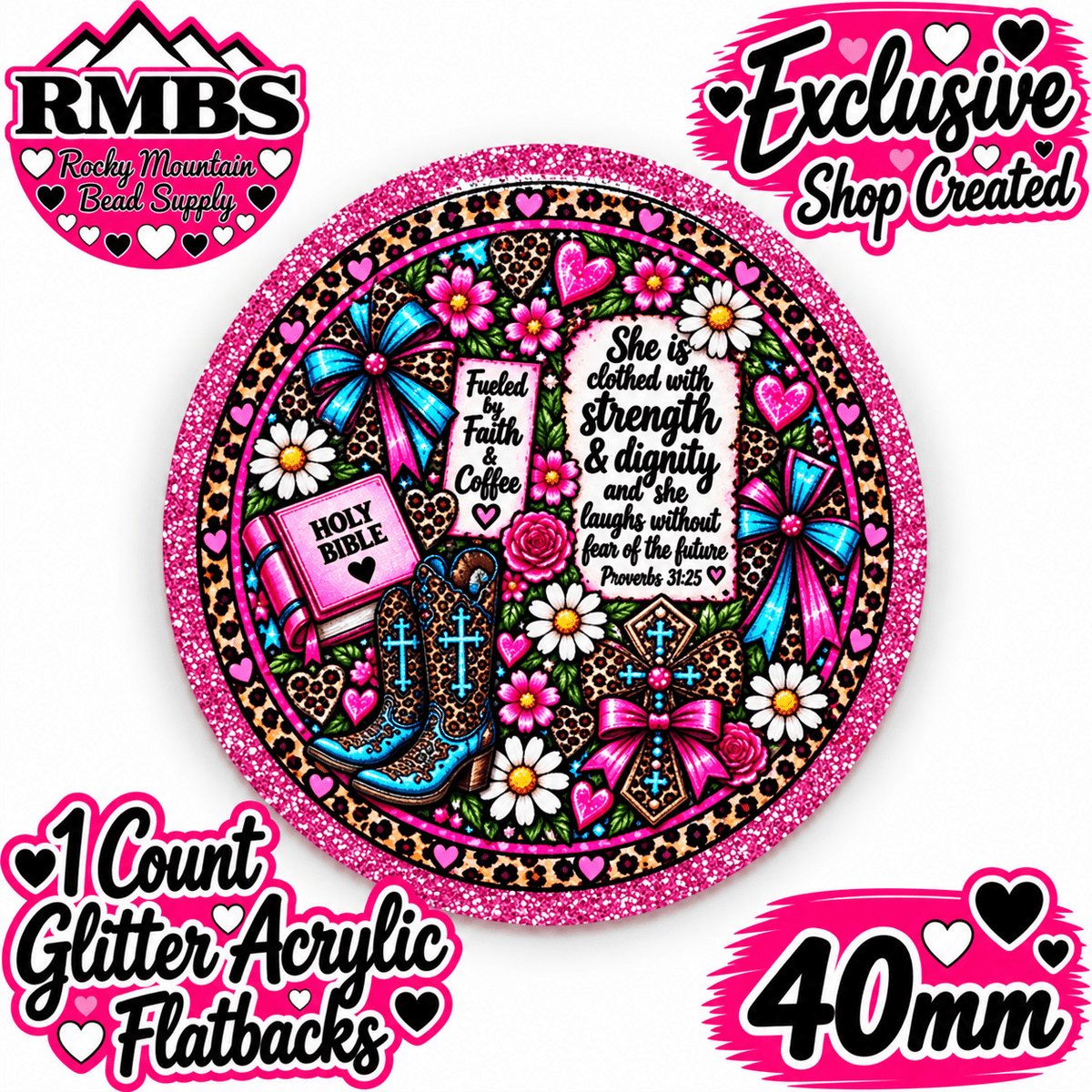 Exclusive 1 Count Custom Exclusive Glitter Acrylic Flatback 40mm RELIGIOUS STRENGTH