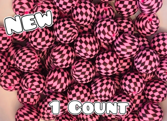New 1 Count DIY Silicone Beads 15mm printed Pink Checkered
