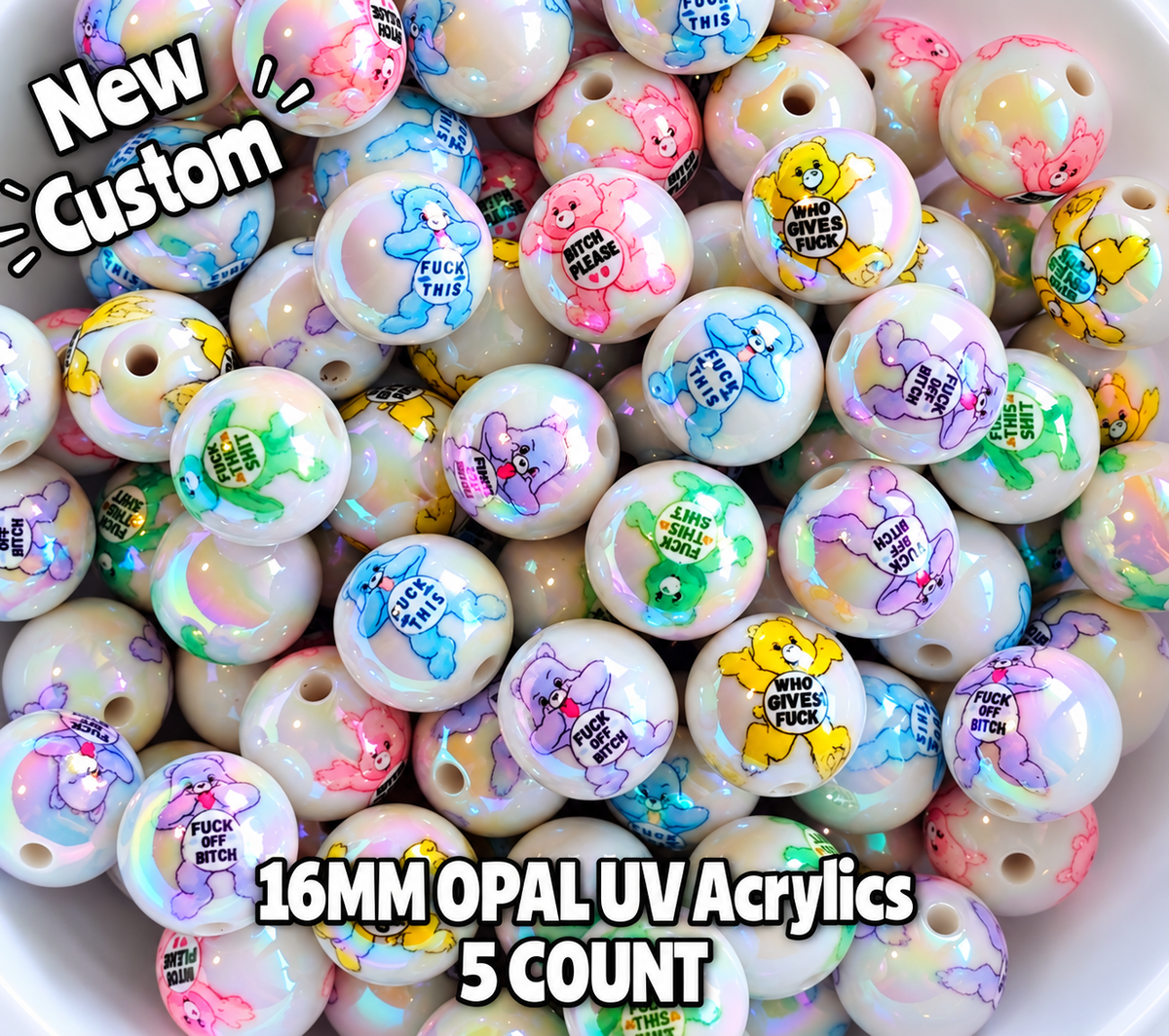 New 5 Count Shimmer Glossy UV Acrylic Swear Bears Beads 16mm