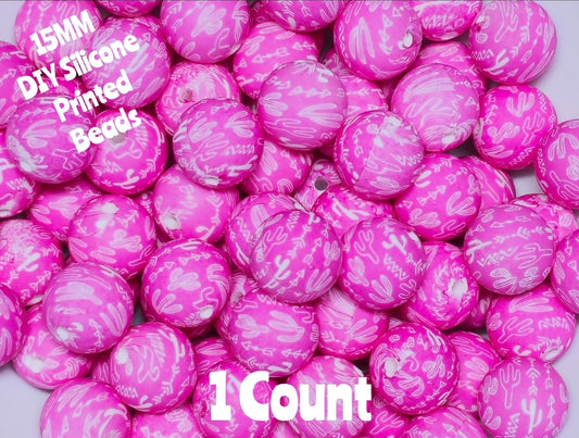 New 1 Count 15mm Printed Beads Country Pink Cactus Western Floral DIY beads