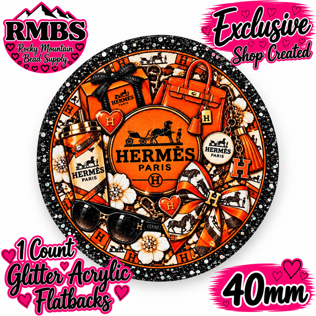 Exclusive 1 Count Custom Exclusive Glitter Acrylic Flatback 40mm HERMES