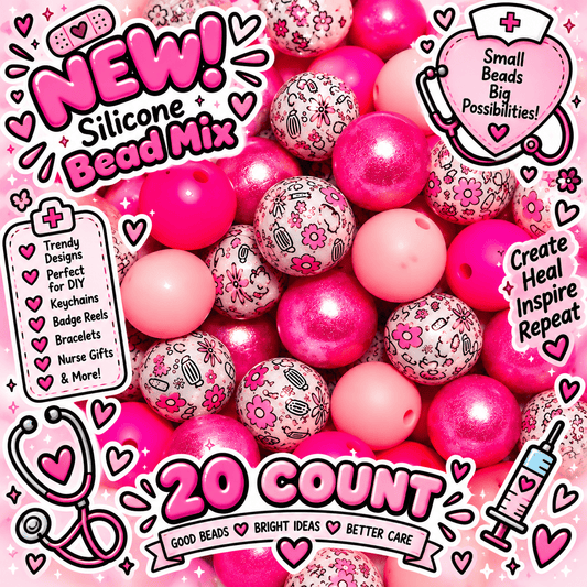 New 15mm Pink Medical Passion Floral SILICONE Bead Mix 20 count. DIY Bead Craft Supplies