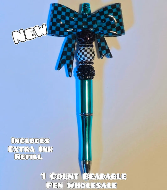 Wholesale Beadable Pens 1 Count Big Bow Glossy Checkered Teal Style Completed Pen