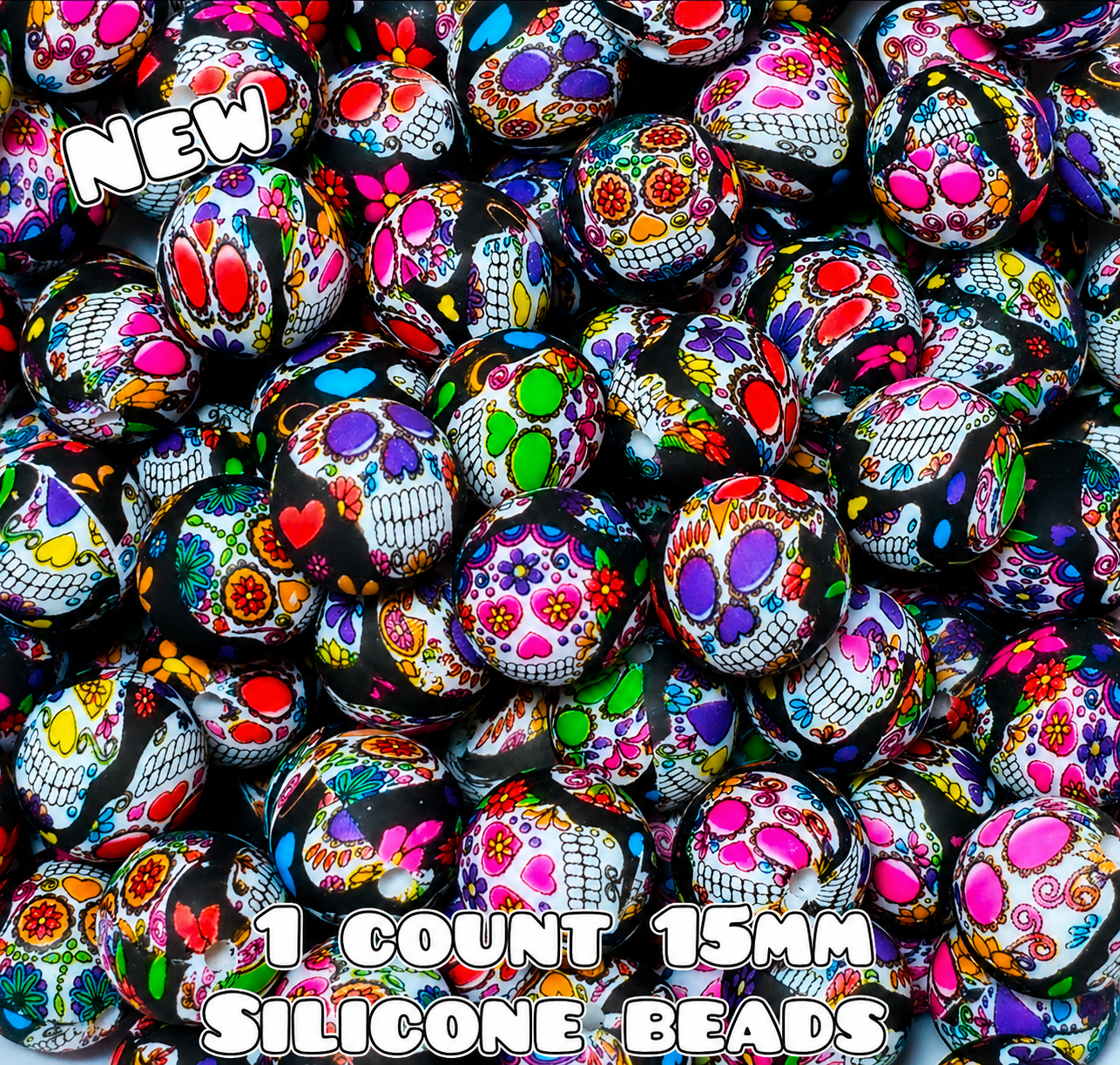 New 1 Count DIY Silicone Beads 15mm printed Sugar Skulls