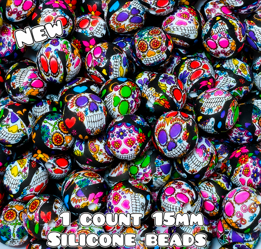 New 1 Count DIY Silicone Beads 15mm printed Sugar Skulls