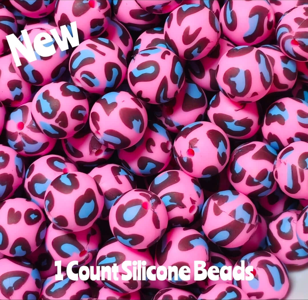 New 15mm 1 Count Pink Blue Black Leopard printed silicone bead