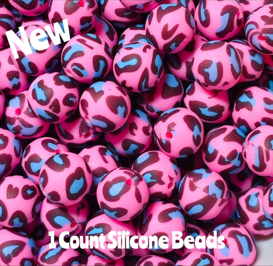 New 15mm 1 Count Pink Blue Black Leopard printed silicone bead