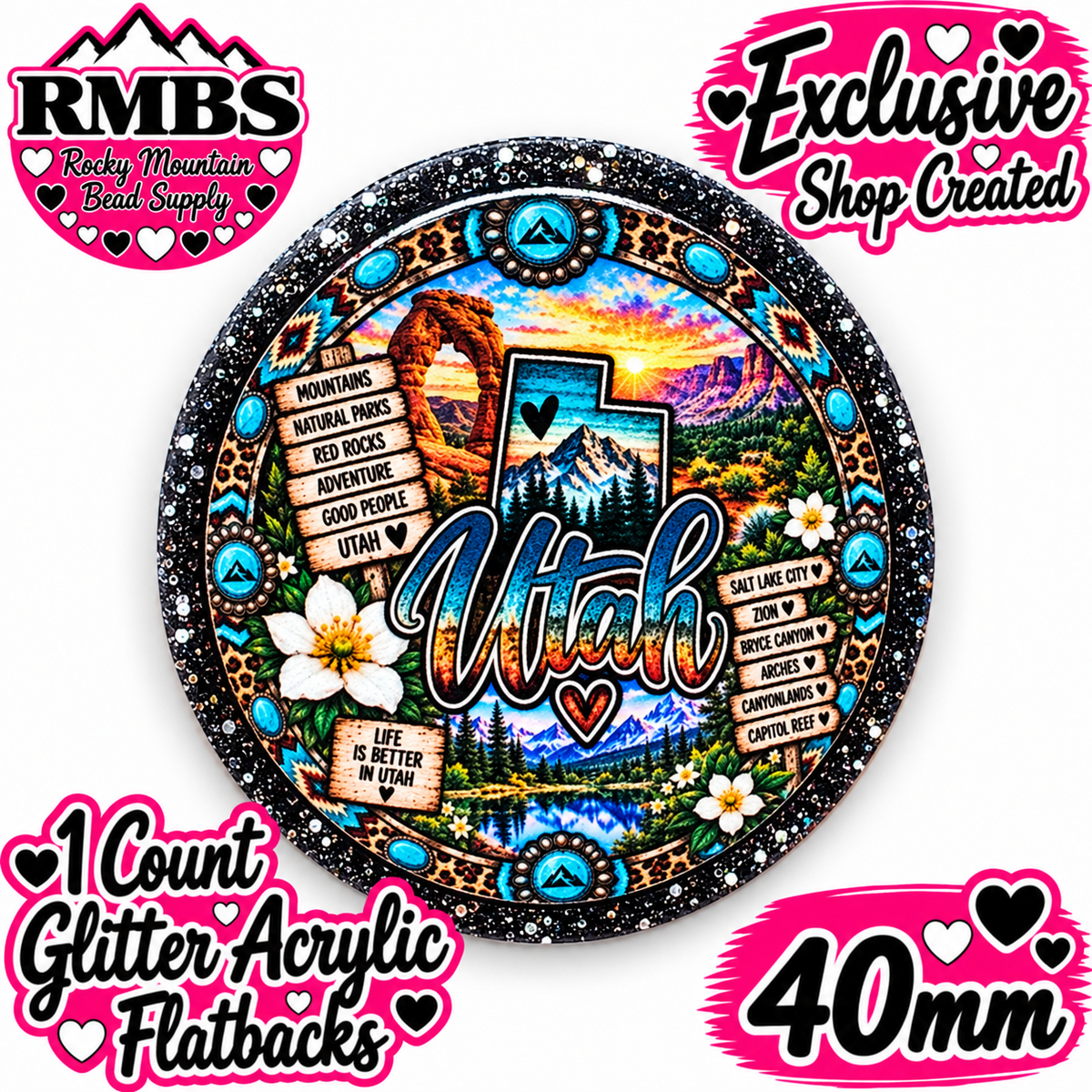 Exclusive 1 Count Custom Exclusive Glitter Acrylic Flatback 40mm STATE  UTAH