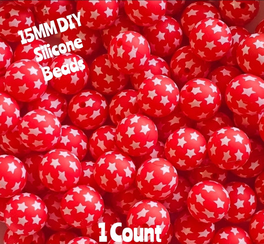 New 1 Count DIY Silicone Beads 15mm printed Red Stars Beads Beadable Accessories
