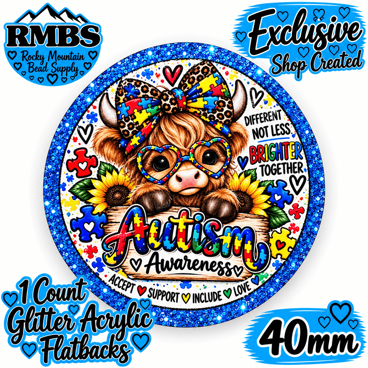 Exclusive 1 Count Custom Exclusive Glitter Acrylic Flatback 40mm AUTISM 4 COW