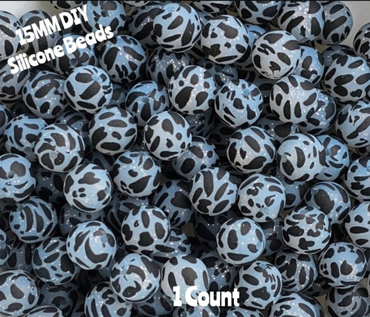 New 15mm 1 Count Glitter Cow Clear Country printed silicone bead